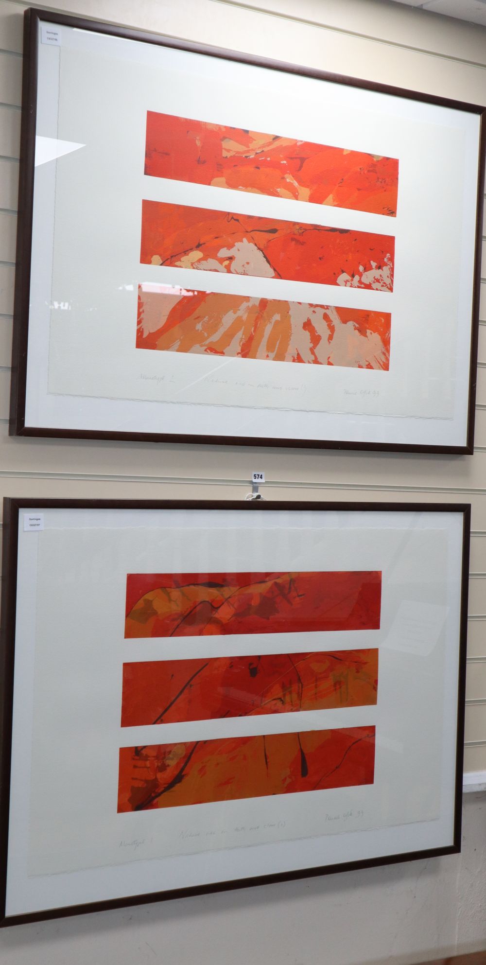 Pamie Esford, pair of monotypes, Nature red in tooth and claw I and II, signed in pencil and dated 99, 67 x 102cm